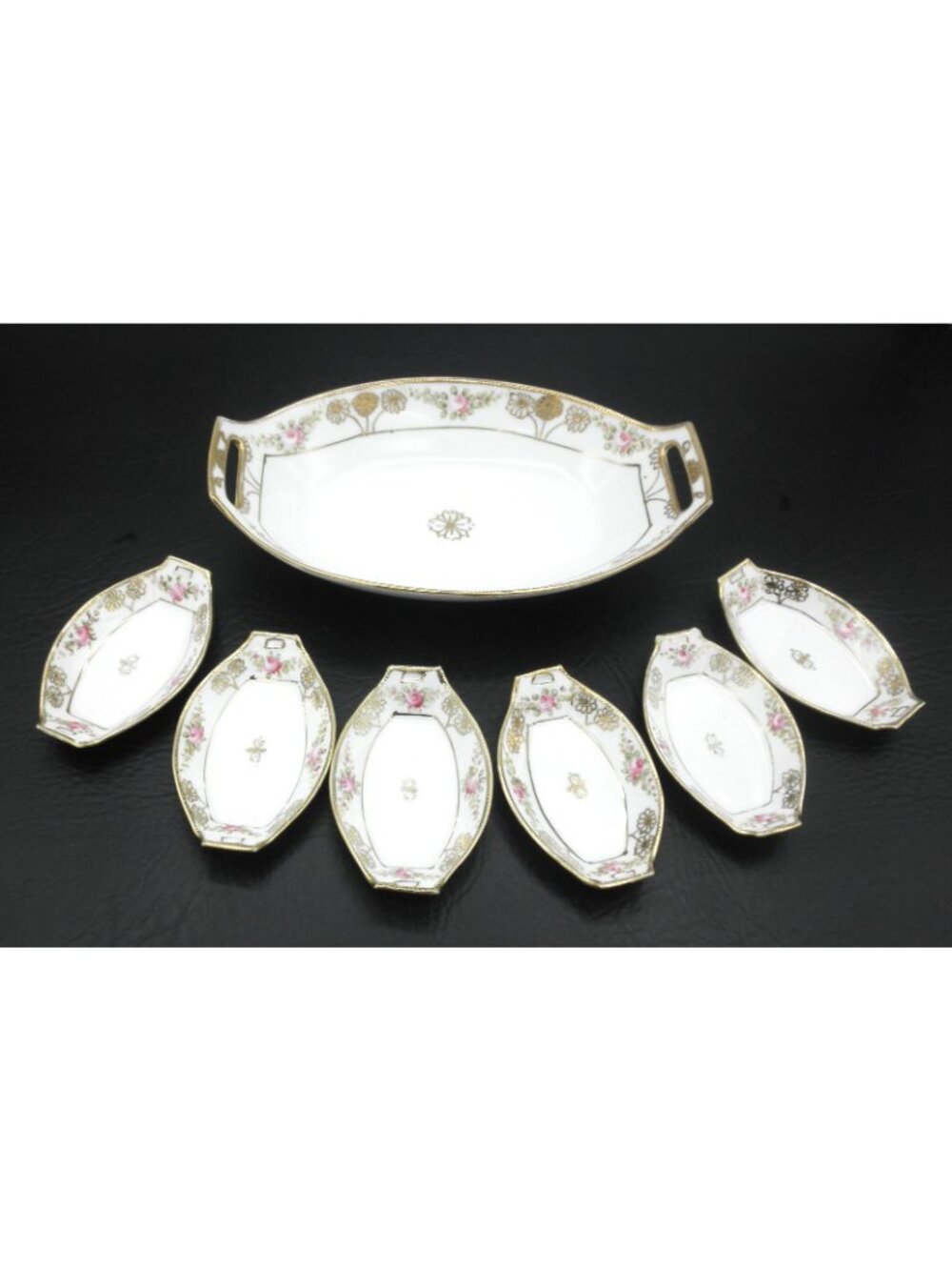 Antique Nippon Hand Painted Relish Dish With 6 Matching Salt Dishes Gold Accents - Picture 8 of 8